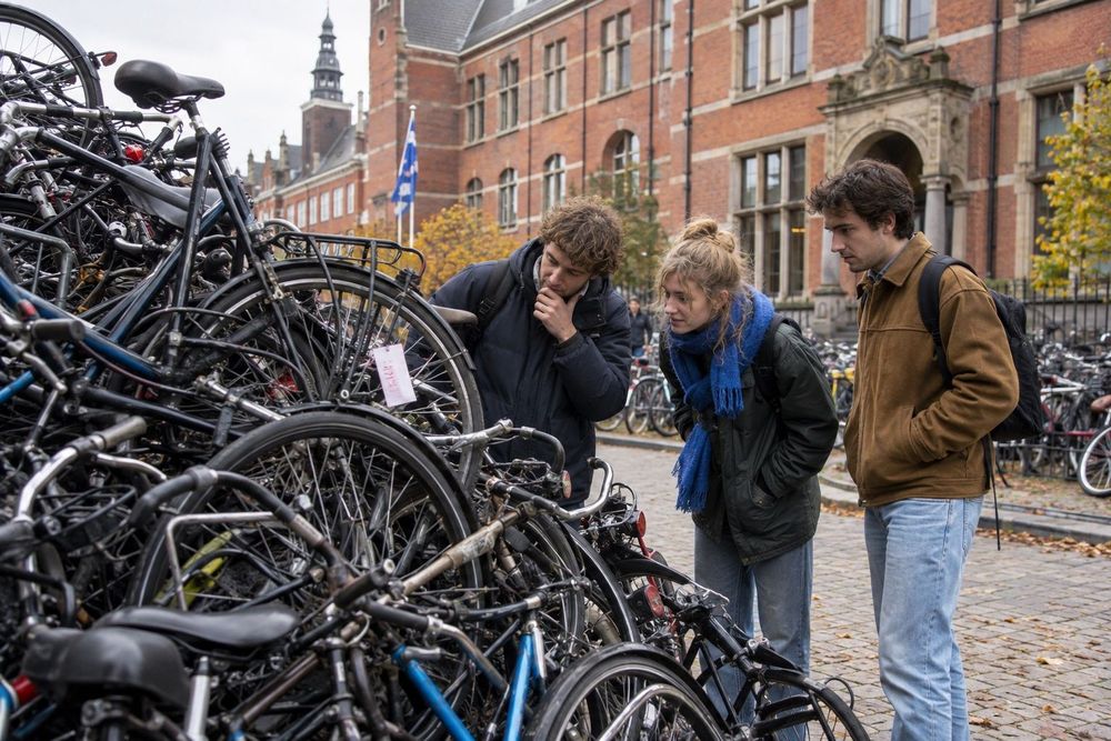 Studenten kijken naar een grote stapel fietsen