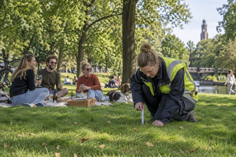 Een gemeentemedewerker meet het gras in het Noorderplantsoen